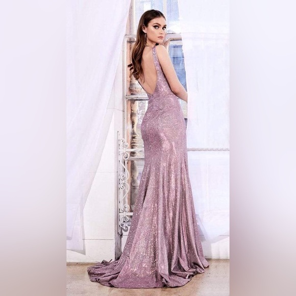Cinderella Divine Metallic Glitter Gown with Slit - Mauve Style - KC876 - Picture 2 of 5